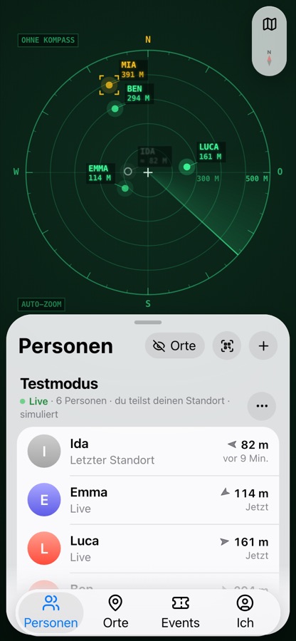 Radar mit den Leuten der Peilung, darunter die Liste mit Entfernungen